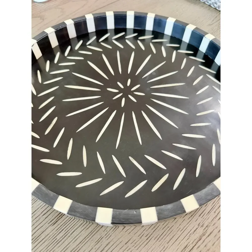 Crate & Barrel Osk Round Bone Inlay Bar Tray Black White Sunburst 14.5” India
